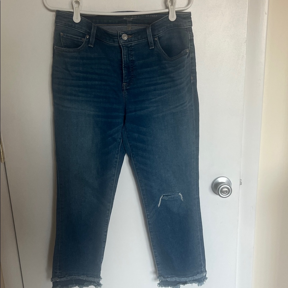 Chico's Deep Blue Cropped Jeans with Frayed Hem